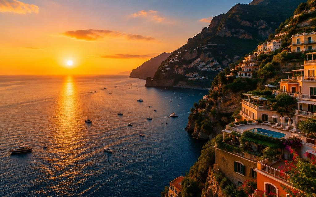 Cliffside hotels on the Amalfi Coast at sunset
